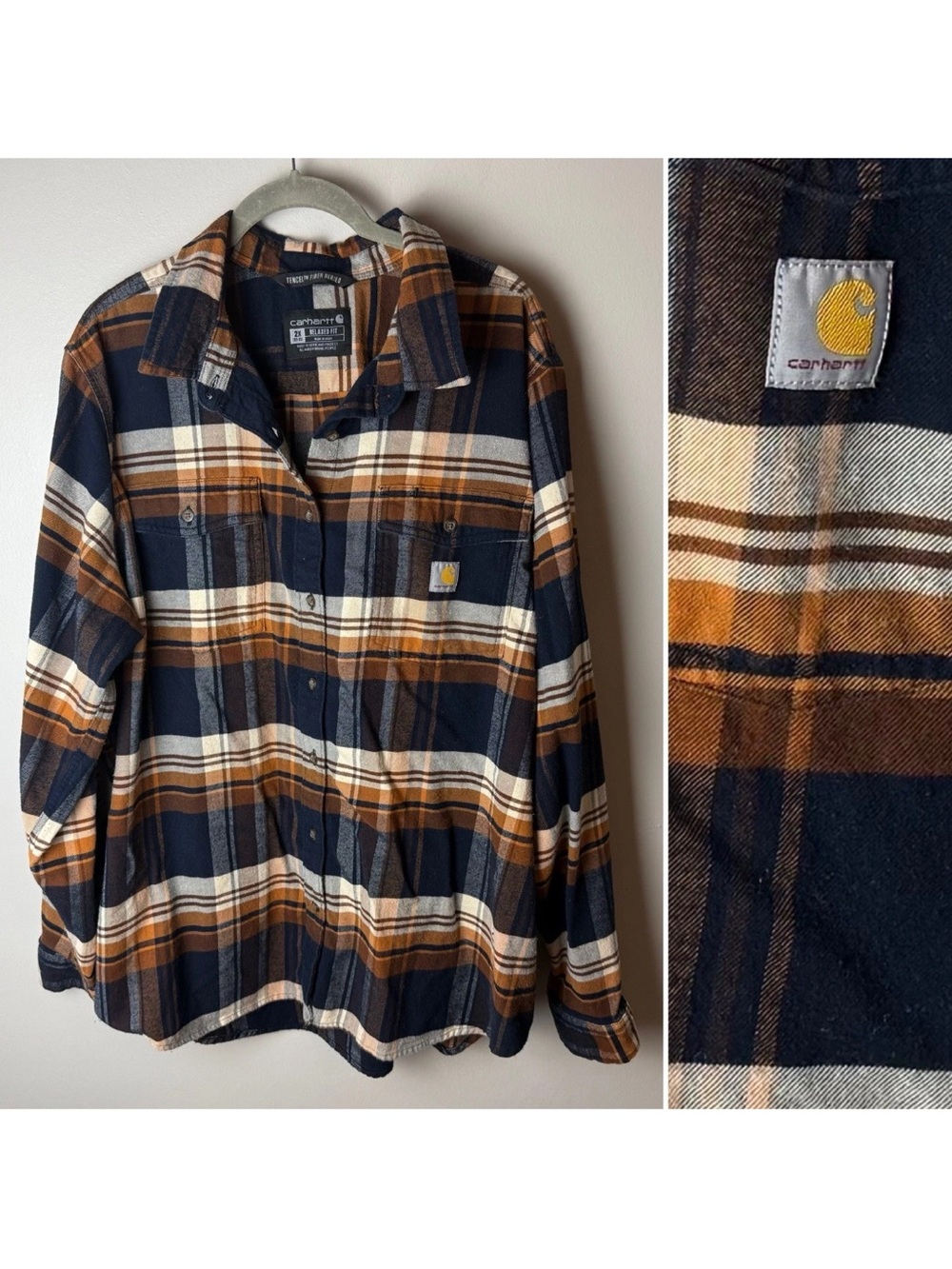 Carhartt Women's Plus Size 2X TENCEL Fiber Series Plaid Flannel Shirt Brown Navy